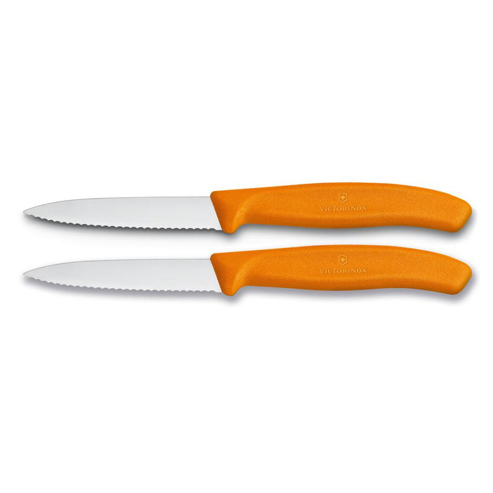 Victorinox Paring Knife, 8 Cm Pointed Tip, Wavy Edge, 2 Pc Set, Classic Orange