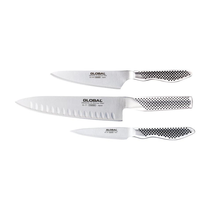 Global Classic 3 Piece Knife Set With Fluted Cooks Knife 79630