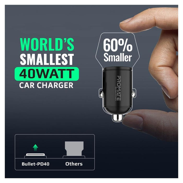 Promate Micro In-Car Phone Charger With 2X Usb-C 20W Power Delivery.
