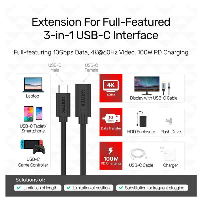 Unitek 1M Usb-C 3.1 Male To Female Extension Cable