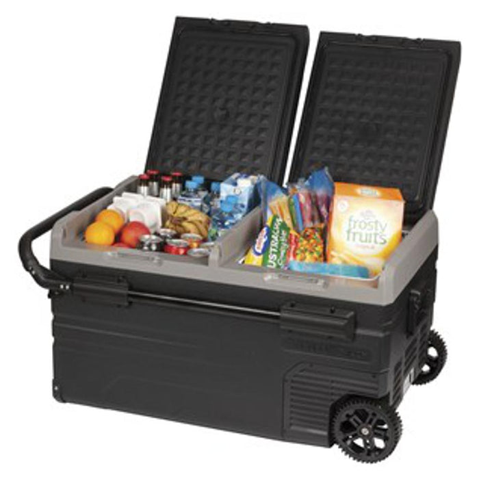 75L Brass Monkey Dual Zone Portable Fridge Or Freezer With Solar Charger Board Plus Handle+Wheels And Battery Compartment GH2036