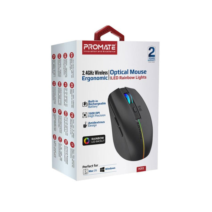Promate Ergonomic Wireless Optical Mouse KITT.BLK