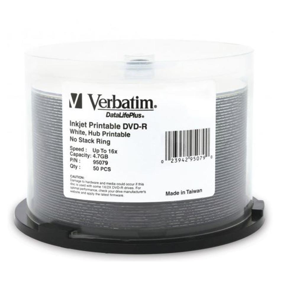 Verbatim Dvd-R 4.7Gb 16X White Wide Printable 50 Pack On Spindle MV263 ...