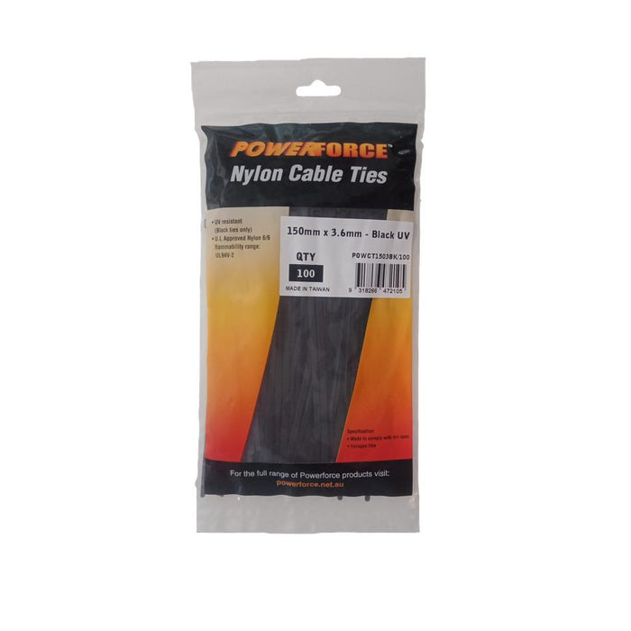 Powerforce Cable Tie Black Uv 150Mm X 3.6Mm Weather Resistant Nylon.