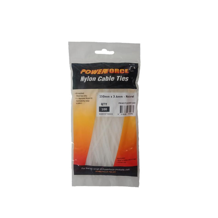 Powerforce Cable Tie Natural 150Mm X 3.6Mm Nylon Pack Of 100.