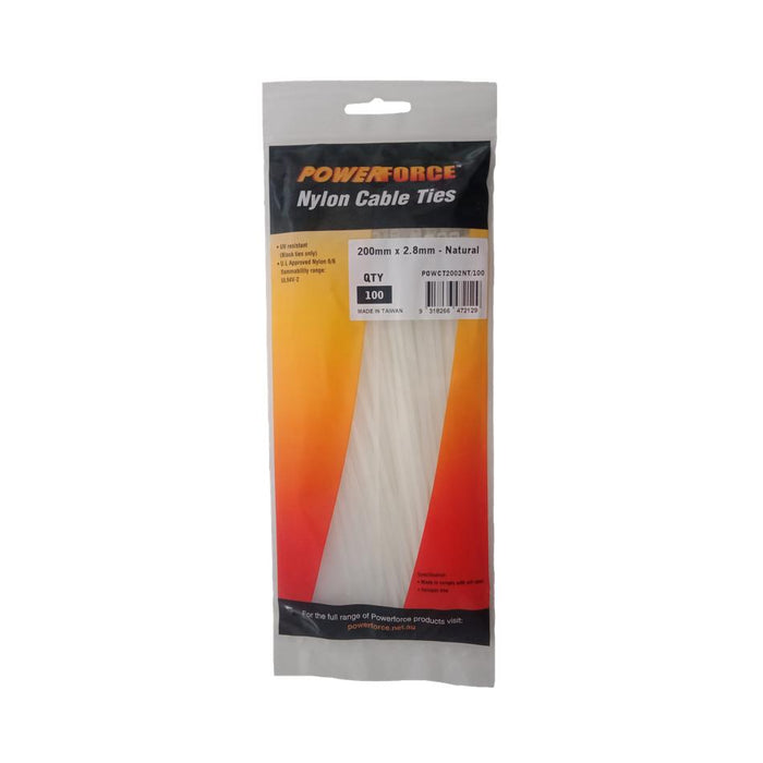 Powerforce Cable Tie Natural 200Mm X 2.8Mm Nylon 100Pk