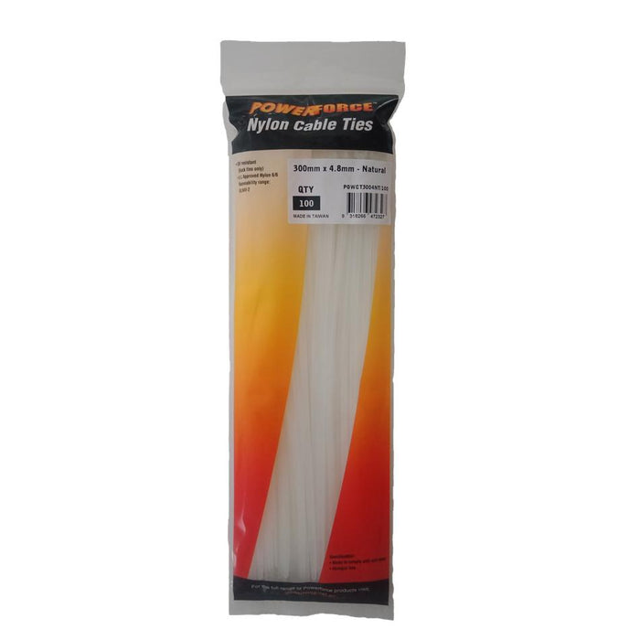 Powerforce Cable Tie Natural 300Mm X 4.8Mm Nylon Pack Of 100.