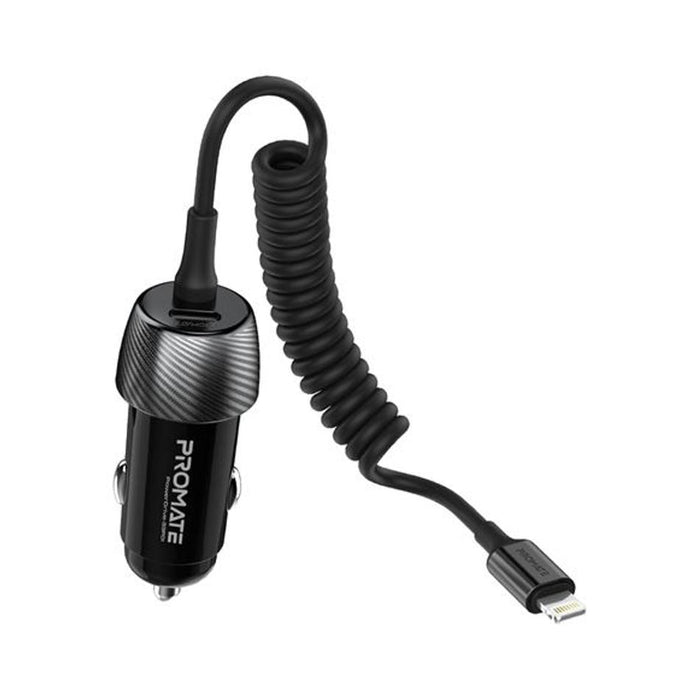 Promate 33W Car Charger With Lightning Cable And Usb-A Port.
