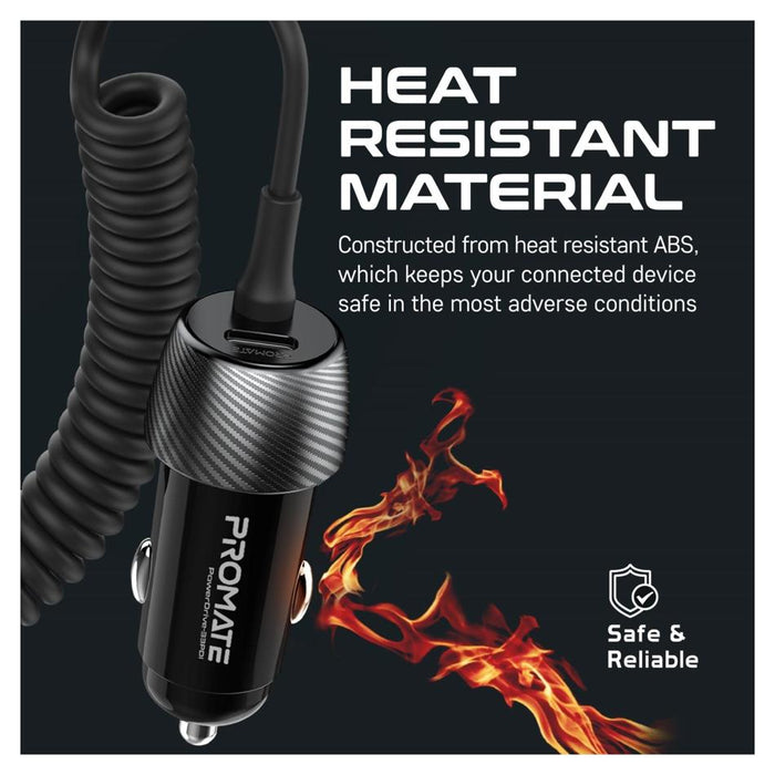 Promate 33W Car Charger With Lightning Cable And Usb-A Port.