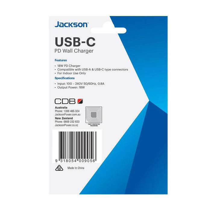 Jackson 18W Dual Port Usb Wall Charger With 1X Usb-A & 1X Usb-C