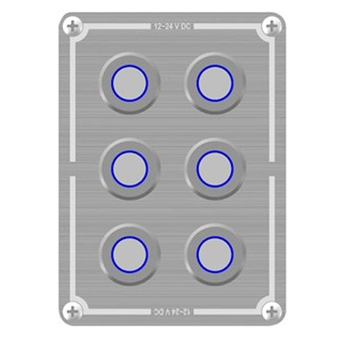 6 Way Stainless Steel Switch Panel With Blue Illuminated Switches And Marine Label