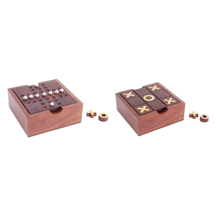 Wooden Tic Tac Toe Solitaire Game In Box Walnut Finish TK1166
