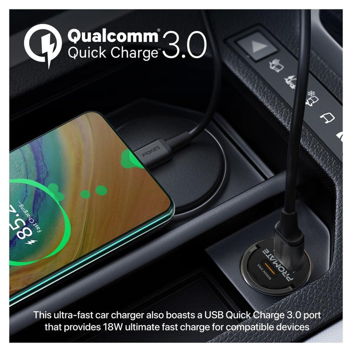 Promate 65W Quick Charging In-Car Adapter For Tablets & Smartphones.