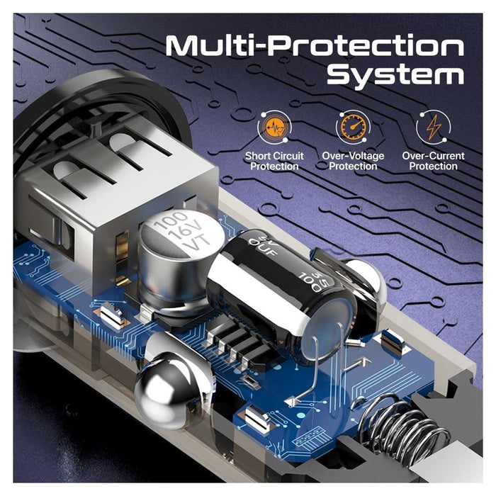 Promate 65W Quick Charging In-Car Adapter For Tablets & Smartphones.