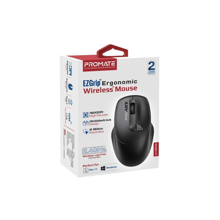 Promate Ezgrip Ambidextrous Ergonomic Wireless Mouse. UNIGLIDE.BLK
