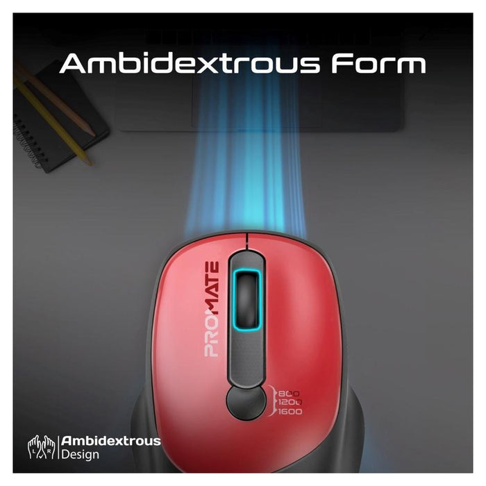 Promate Ezgrip Ambidextrous Ergonomic Wireless Mouse. UNIGLIDE.RED