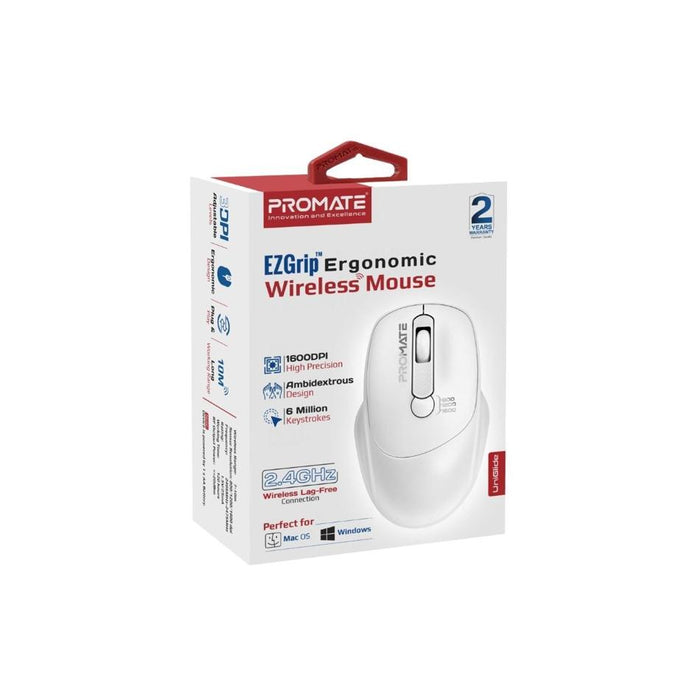 Promate Ezgrip Ambidextrous Ergonomic Wireless Mouse. UNIGLIDE.WHT