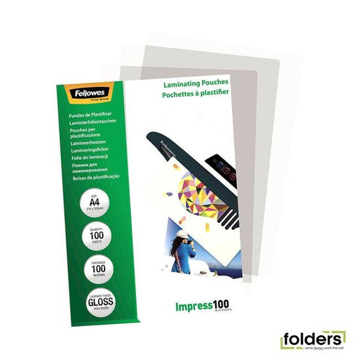 Fellowes Laminating Pouches A4 Gloss 100 Micron Pack 100 - Folders
