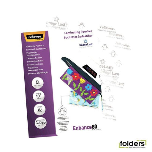 Fellowes Laminating Pouches A4 Gloss 80 Micron Pack 100 - Folders