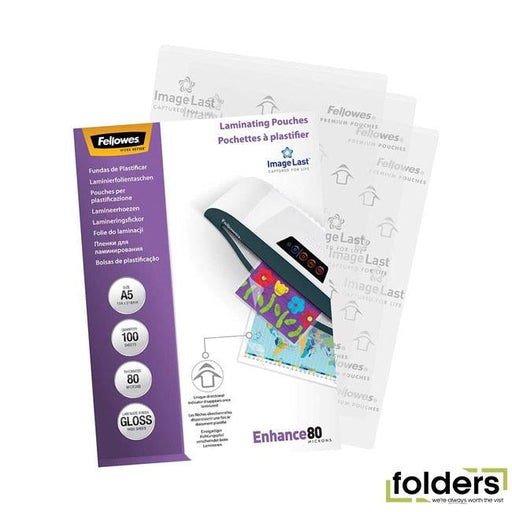 Fellowes Laminating Pouches A5 Gloss 80 Micron Pack 100 - Folders