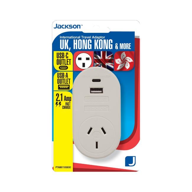 Jackson International Travel Adaptor with USB - NZ to UK & Hong Kong