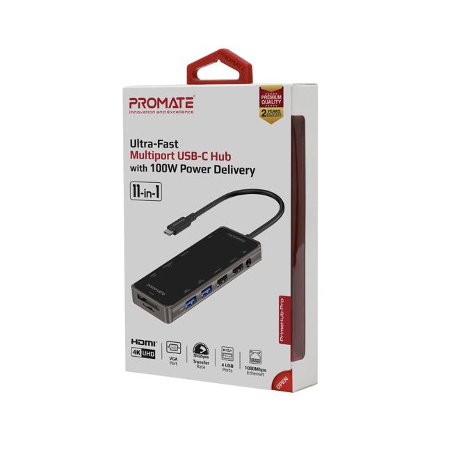 Promate 11-In-1 Usb Multi-Port Hub With Usb-C Connector. Includes 100W