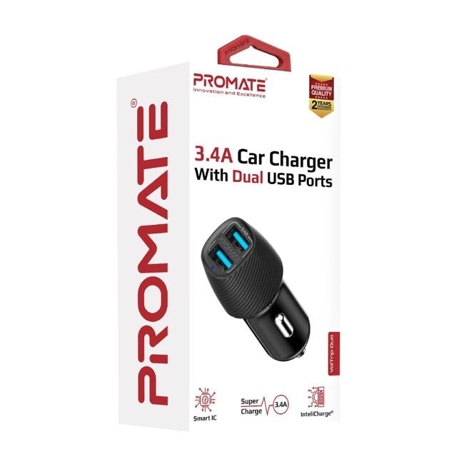 Promate 3.4A Dual Port Usb Car Charger. Charge 2 Devices At The