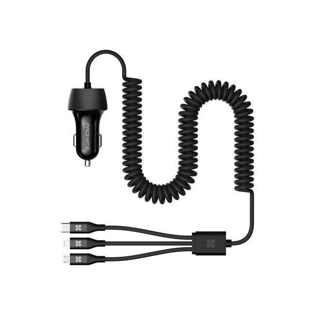 Promate 3.4A Multi-Connect Coiled Cable Universal Car Charger. Usb-C