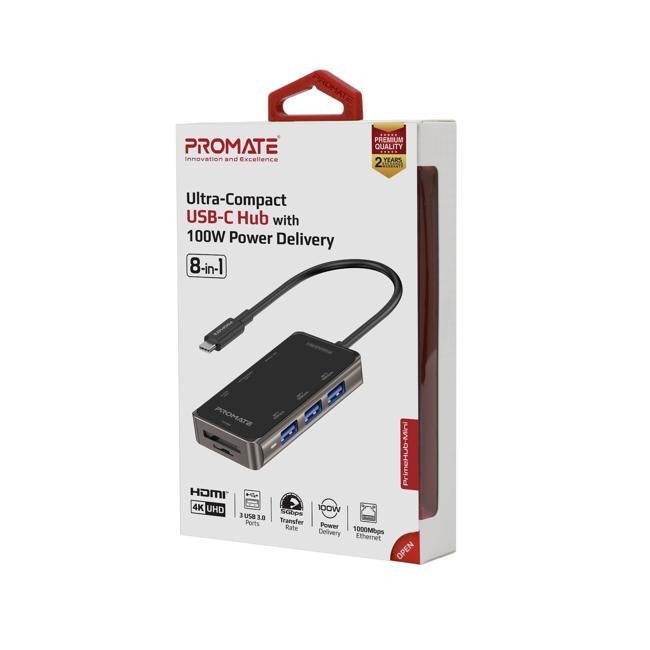 Promate 8-In-1 Usb Multi-Port Hub With Usb-C Connector. Includes 100W