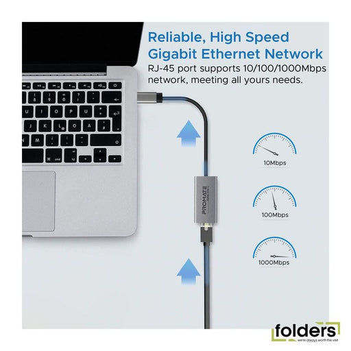 PROMATE High Speed USB-C to RJ45 Gigabit Ethernet Adapter. Compact - Folders