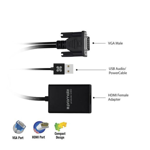 Promate Vga (Male) To Hdmi (Female) Display Adaptor Kit With Audio.-Folders