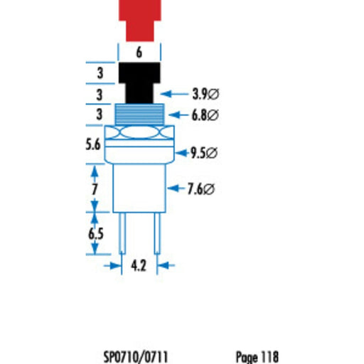 Red Miniature Pushbutton - SPST Momentary Action 125V 1A rating - Folders