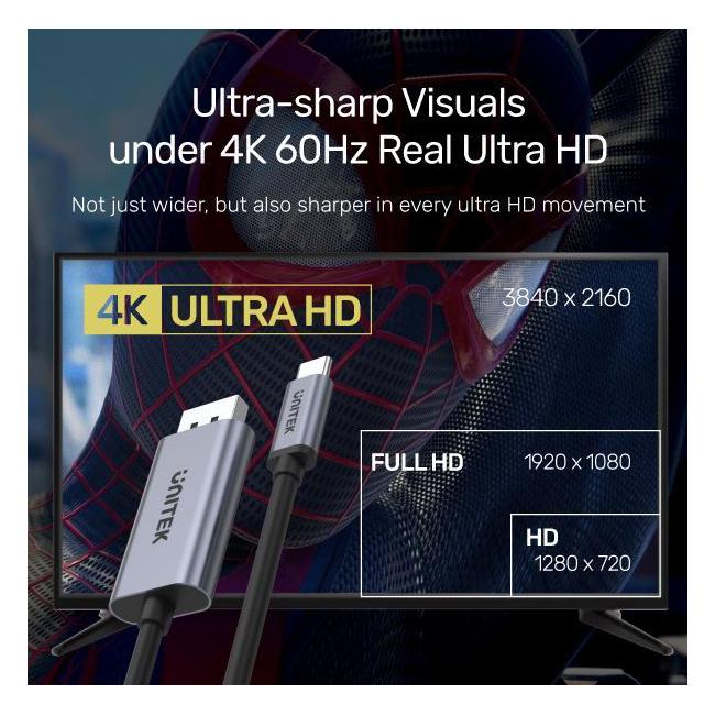 Unitek 2M 4K Usb-C To Displayport 1.2 Cable In Aluminium Housing.-Folders
