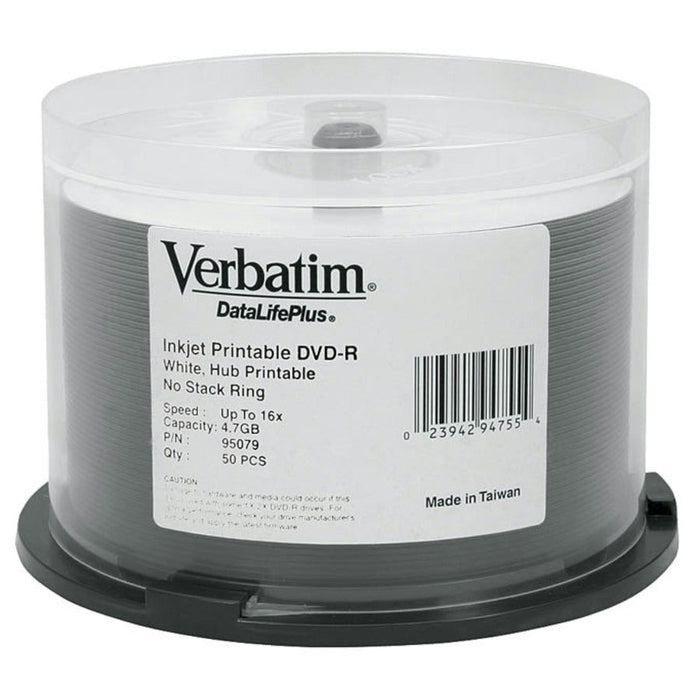 Verbatim DataLifePlus (Azo) DVD-R 4.7 GB White Inkjet Printable Spindle 50 Pack 16x - Folders