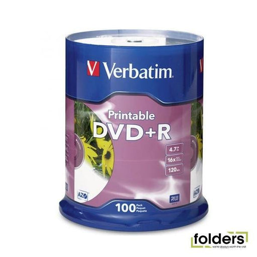 Verbatim DVD+R 4.7GB 16x White Printable 100 Pack on Spindle - Folders