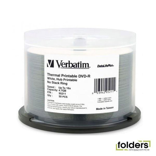 Verbatim DVD-R 4.7GB 16x White Wide Thermal Printable 50 Pack on Spindle - Folders